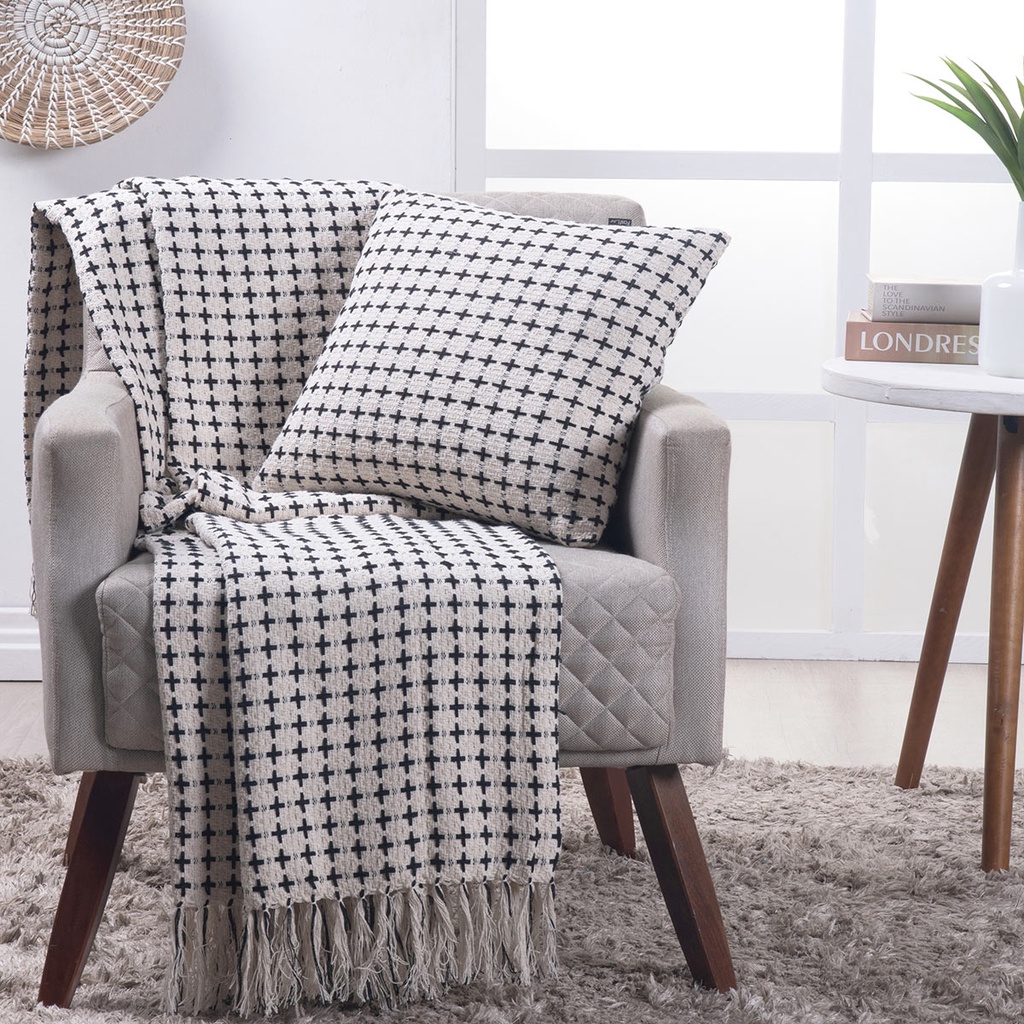 Manta Decorativa Para Sofá Boho Andaraí Off White/Preto