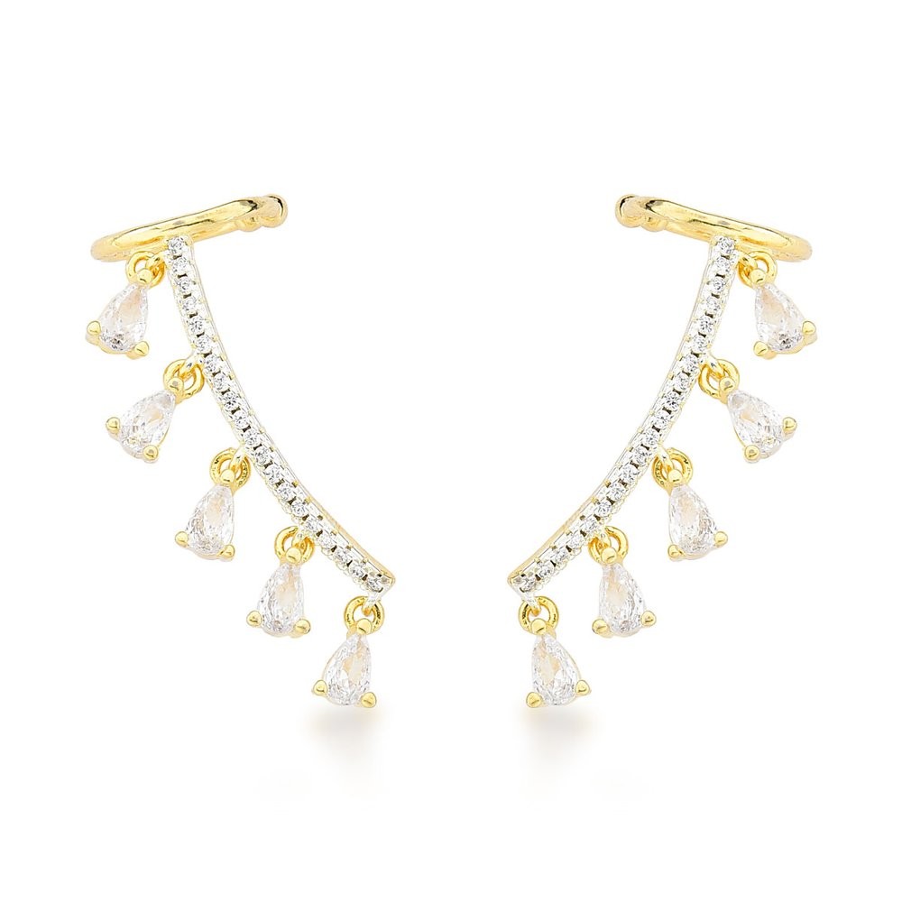 Brincos Earcuff Banhados a Ouro 18k com Elegantes Zircônias Cristais Pendentes