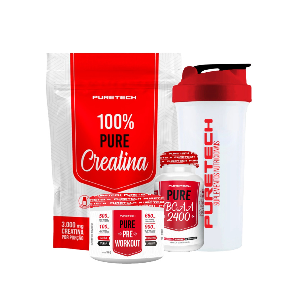 Kit Pure Pré Treino 100g + Creatina 100% Pura Refil 500g + Bcaa 2400 120Caps + Coqueteleira PURETECH