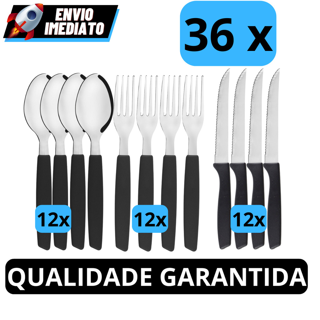 Jogo de Talheres 36 peças Preto Aço Inox 12 Facas 12 Garfos e 12 Colheres de Mesa Casa Para Cozinha em Oferta na Shopee
