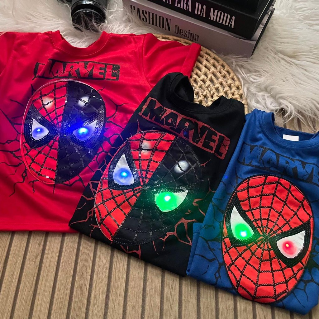 Camiseta LED Homem Aranha Infantil Festa Aniversário Carnaval Escola