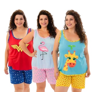 Kit 3 Pijamas Adultos Femininos Plus Size Regata Curto Verão Personagens 48 ao 54 em Oferta na Shopee