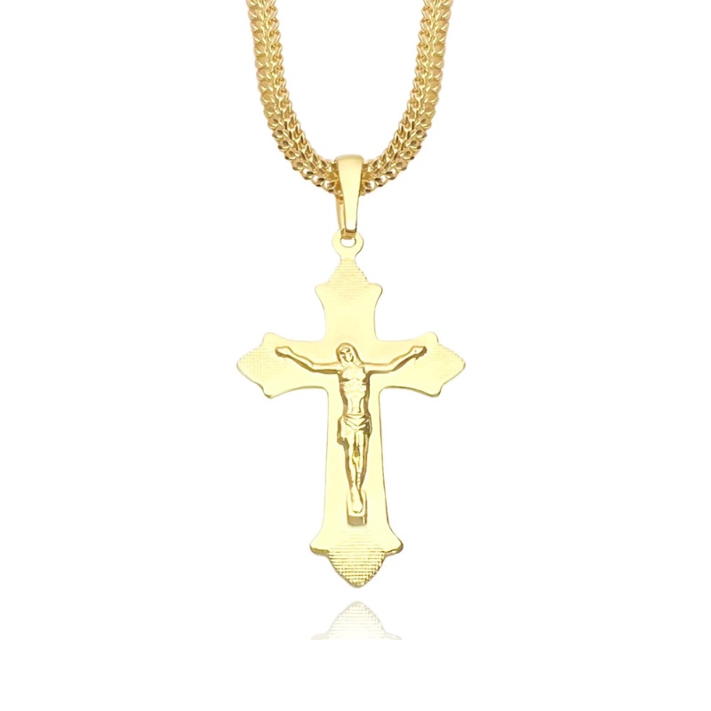 Cordão Masculina Grossa de Ouro 24k Com Placa Crucifixo Crucificado Banhado