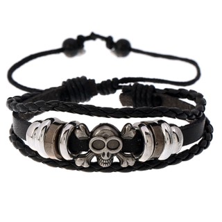 Vintage Fashion Hip Hop Skull Head Beaded Multi Layered Leather Versátil Pulseira Masculina De Comprimento Ajustável 18CM ~ 23CM