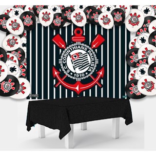 Kit festa Corinthians Decoração aniv Toalha Preta +25 balões + Painel
