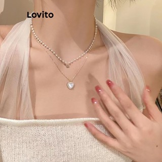 Lovito Colar Casual de Pérolas Simples com Pingente de Coração para Mulheres LFA03143 (Dourado)
