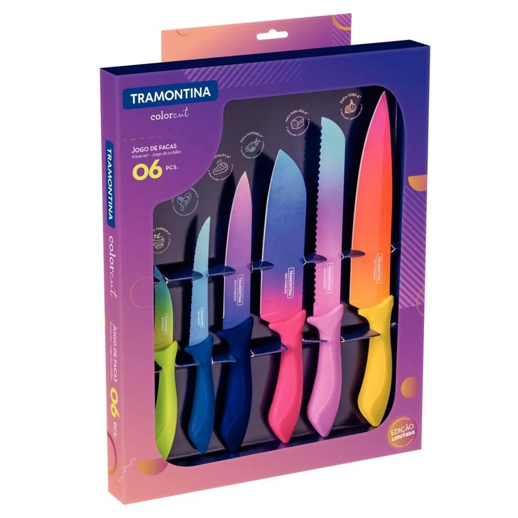 Jogo de Facas Tramontina Colorcut com Lâminas em Aço Inox e Cabos de Polipropileno Pintado 06 Peças 23099832