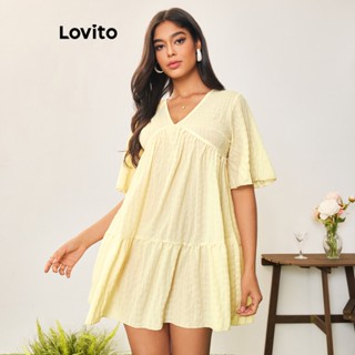 Lovito Casual Vestido Feminino Liso com Laço Traseiro e Babados LBL05197 (Damasco)