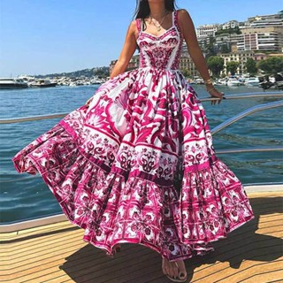 Novo Vestido longo modelo de temperamento feminino elegante estampado sem mangas plissado verão boho festa praia (25058)