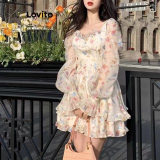 Lovito Casual Vestido Feminino Liso com Camada Dupla LNE27260 (Off White)