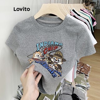 Lovito Casual Camiseta Feminina Cropped de Desenho com Manga Curta e Gola Redonda LNE07156 (Cinza)