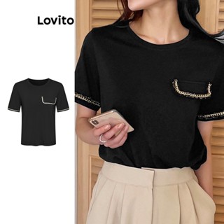 Lovito Elegante Camiseta Feminina Lisa com Costura Contrastante L68ED047 (Preto)