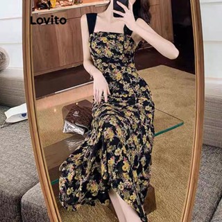 Lovito Vestido Casual Floral com Amarração para Mulheres LNA02128 (Preto)