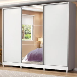 Guarda Roupa Casal 100% MDF 3 Portas de Correr com Espelho com Pés Madesa Royale