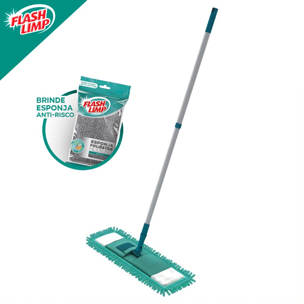 Mop Flat Chenile Vassoura Esfregao Rodo Magico + Esponja Poliester Flash Limp