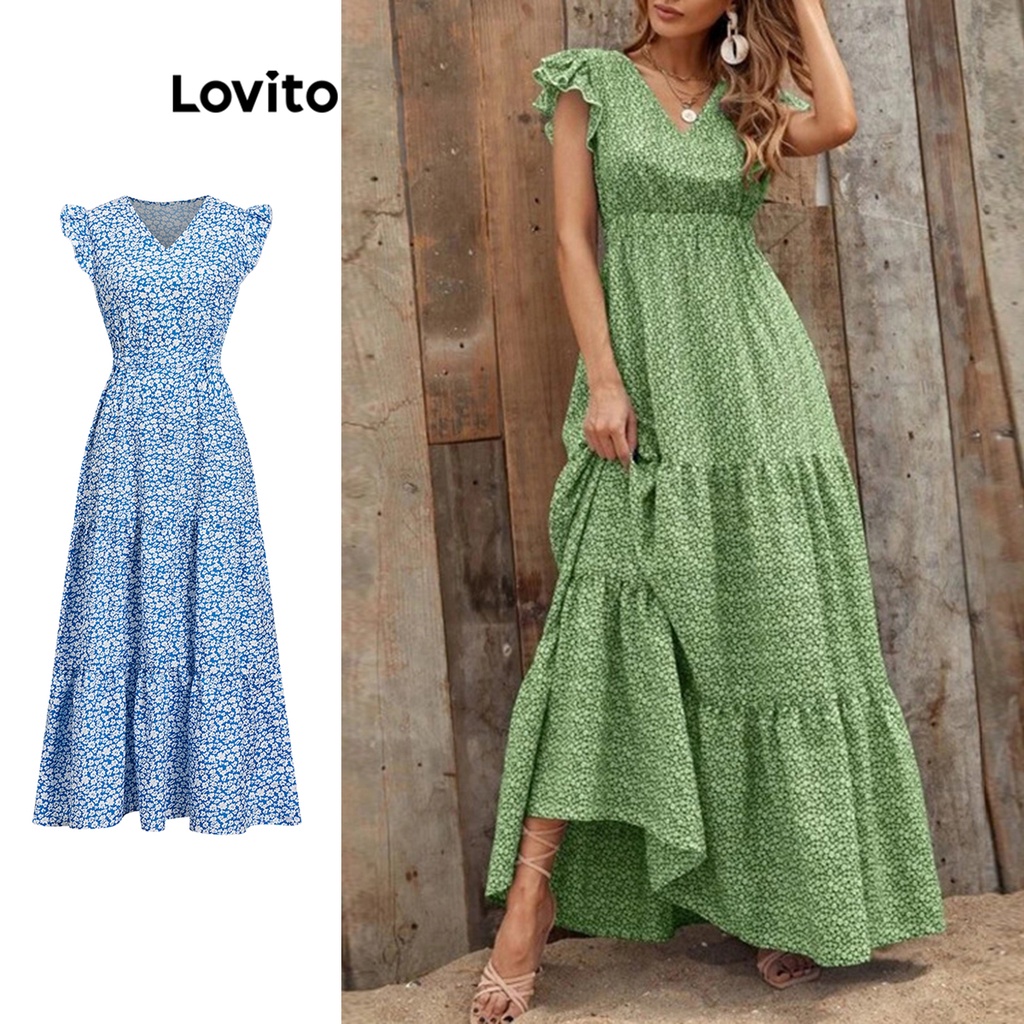 Lovito Vestido Casual Ditsy Floral Com Babados Na Bainha Para Mulheres LNE31167 (Verde)