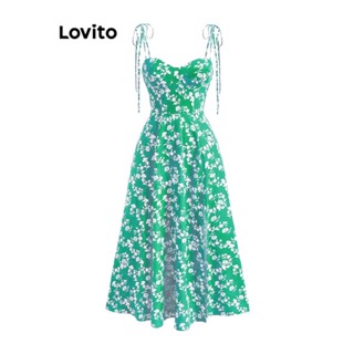 Lovito Vestido Boho Floral Structure Line Com Renda Na Frente Dividida Para Mulheres LBL07088