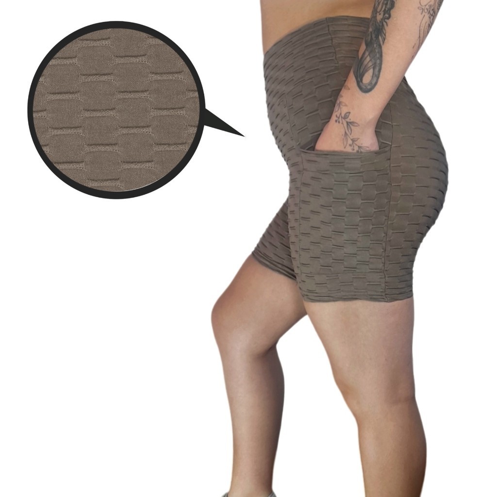 Short Bolha Com Bolso Brocado 3D Levanta Bumbum Disfarça Celulite
