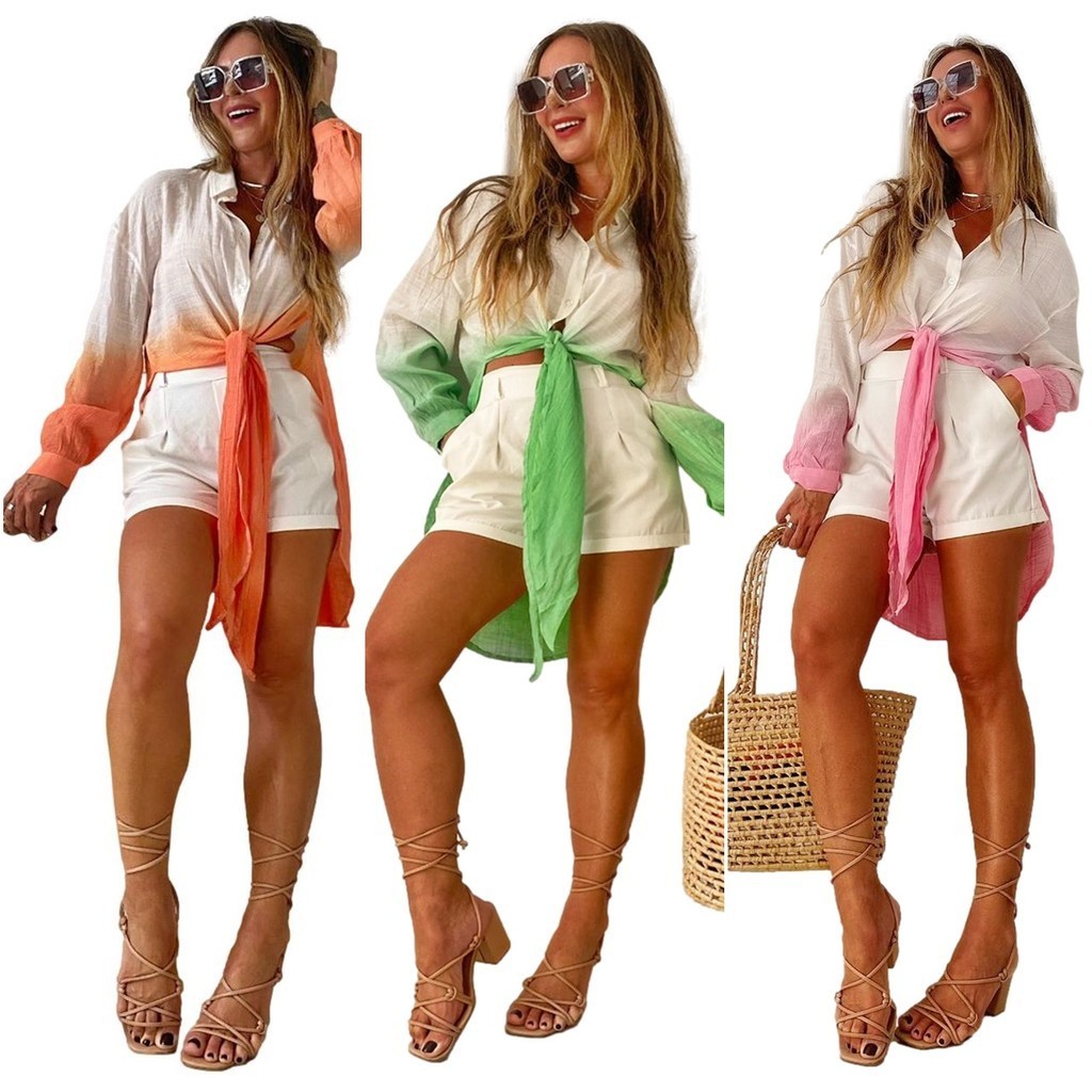 Chemise Blusa Bata Degradê Com Manga Longa Com Botão Saída De Praia / Blusa de Amarrar Na Frente Bicolor 2821