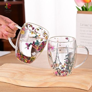 LUCIAE Copo De Vidro De Parede Dupla , Floral Simples De Flores Secas , Com Cabo Borosilicato Alto INS Tendências Caneca De Leite Espresso Resistente Ao Calor Criativo