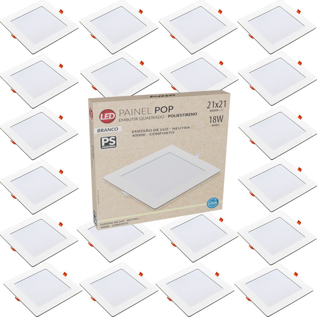 Kit 20 Painel Plafon Quadrado Embutir 18W Luz Neutra 4000K Luminária de Gesso Forro 127v 220v Avant
