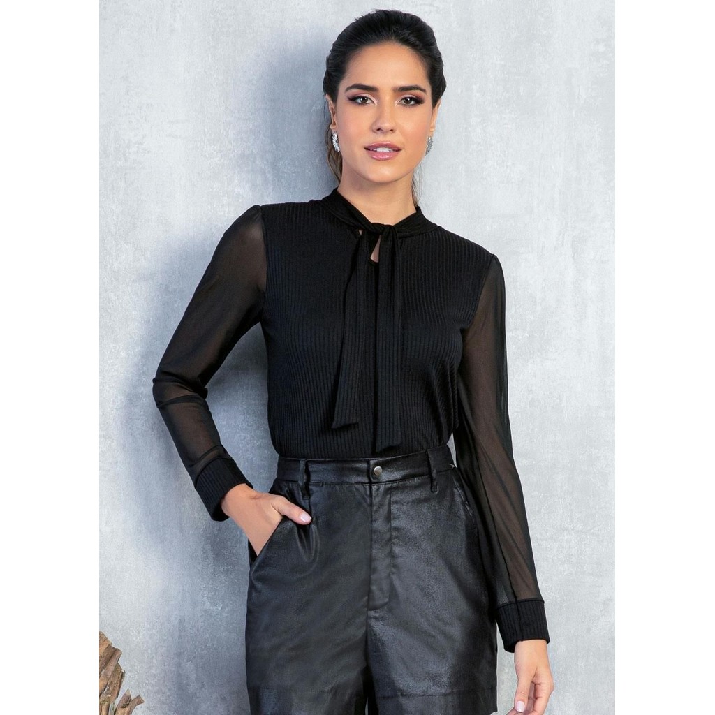Blusa Laço No Decote E Mangas Bufantes Preto Quintess em Oferta na Shopee