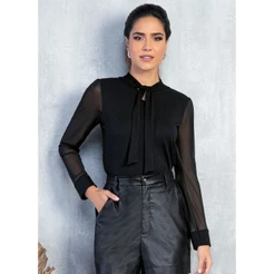 Blusa Laço No Decote E Mangas Bufantes Preto Quintess