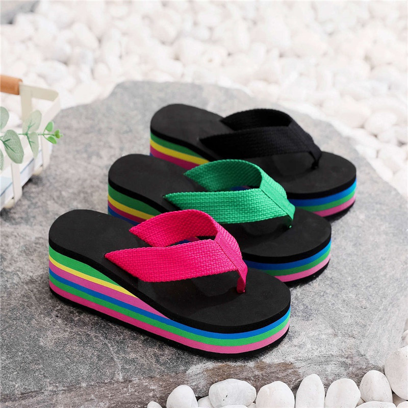 Sandálias De Praia Femininas De 6.5 Cm Cunha Super Alta Peep Toe Plataforma Verão Arco-Íris