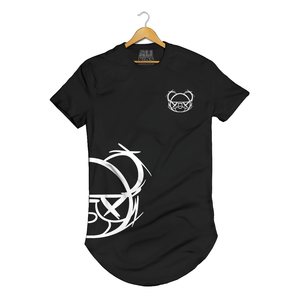 Camiseta Infantil e Juvenil Longline  Fio Penteado 30.1 Algodão Preta com Diversas Estampas  de 4 a 16 Anos