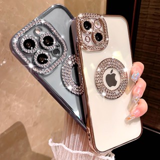Capa De Luxo Eletroplatada Transparente Para iPhone 11 12 13 14 15 Pro Max Plus Glitter Bumper Soft Rhinestone