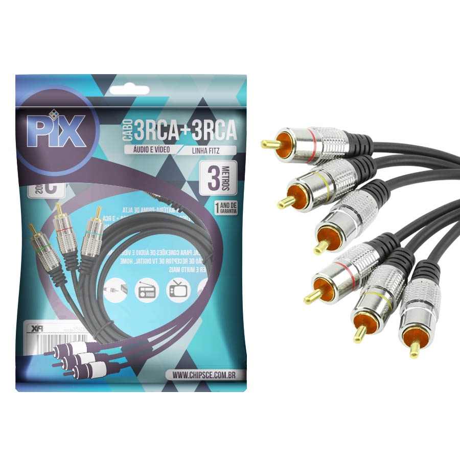 Cabo Rca 3 Metros Dupla Blindagem Cobre 3m Blindado 3+3 Rca