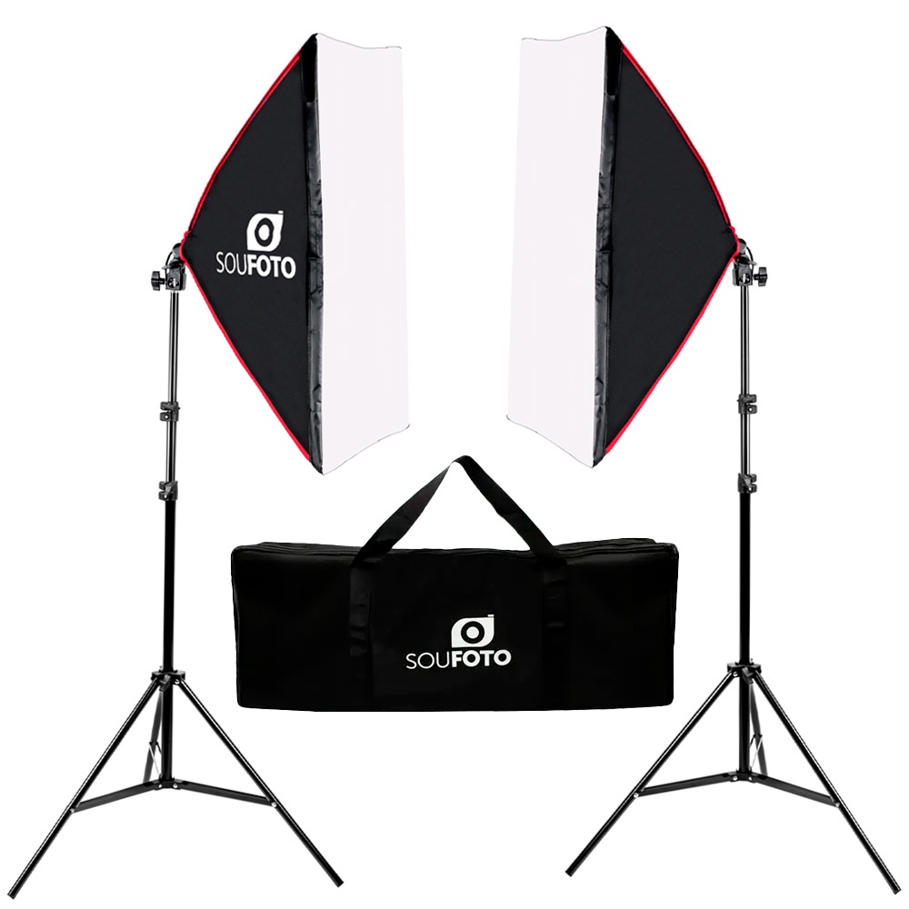 Kit Softbox Duplo c/ Bolsa 50x70cm p/ Estúdio de Vídeo e Foto, Luz Contínua e Tripés Inclusos
