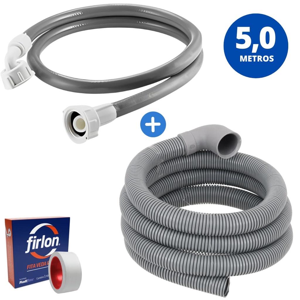 Mangueira Entrada Água 5m Máquina Lavar c/ Bucha Redução 3/4" p/ 1/2" + Mangueira Saída 5m Máquina Lavar + Veda Rosca