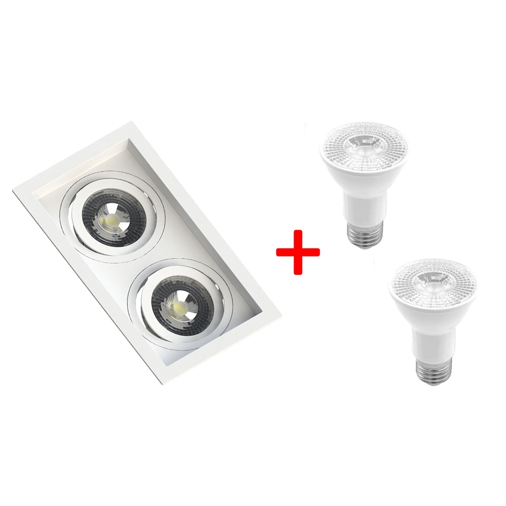 SPOT EMBUTIDO QUADRADO DUPLO RECUADO PAR20 BRANCO + 2 LÂMPADA PAR20 7W 3000K BRANCO QUENTE