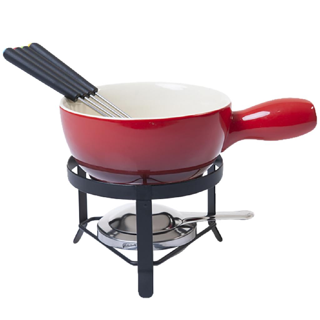 Kit Fondue Conjunto 8 peças Cerâmica 23cm Aparelho para Fondue Brinox Vermelho 1256/101