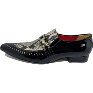 Sapato Masculino Italiano em Couro Social Executivo Cobra Preto Samsa Bico Fino Ref: 386 Preto Preto