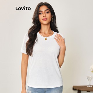 Lovito Casual Camiseta Feminina Lisa com Ilhós Bordados e Costura no Tecido LBA05136 (Branco)