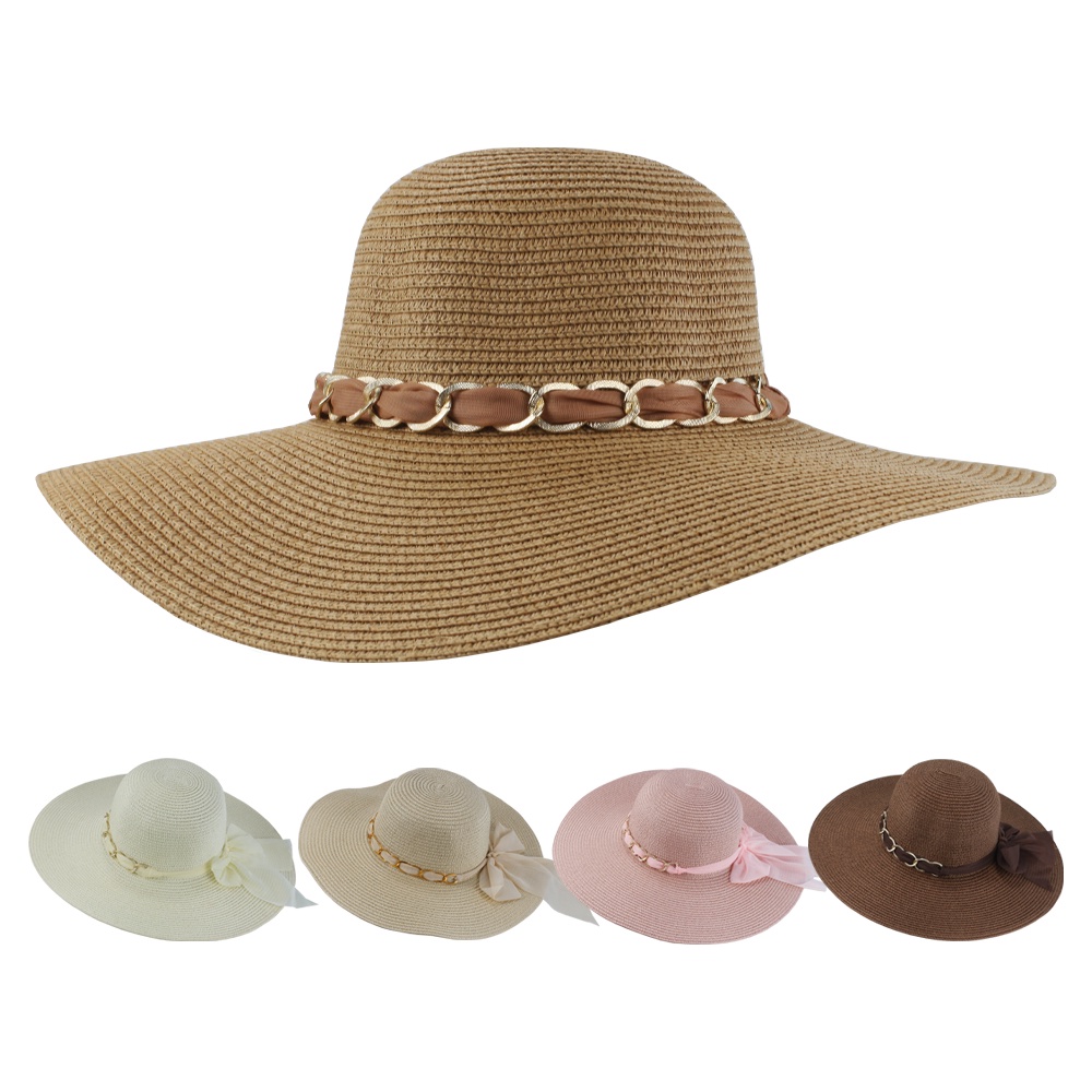 Chapéu Floppy Feminino Aba Grande De Palha Com Corrente Dourada Para Praia, Piscina, Passeios Ao Ar Livre - Primavera Verão