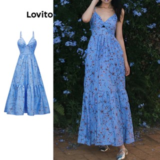 Lovito Casual Vestido Feminino Floral Torcido com Camadas L71ED177 (Azul)