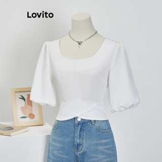 Lovito Casual Blusa Feminina Lisa de Manga Bufante Rodada L71ED002 (Branco)