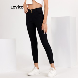 Lovito Legging Casual com Botão duplo e Bolso L18X049(Preto)