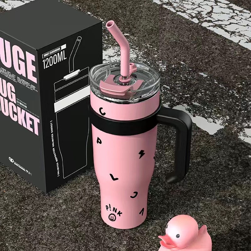 Garrafa De 1250ml De Kpop Preto E Rosa De Água Térmica De Aço Inoxidável Com Caneca De Palha De Cabo Bebidas Portáteis Para Canecas De Café Carros