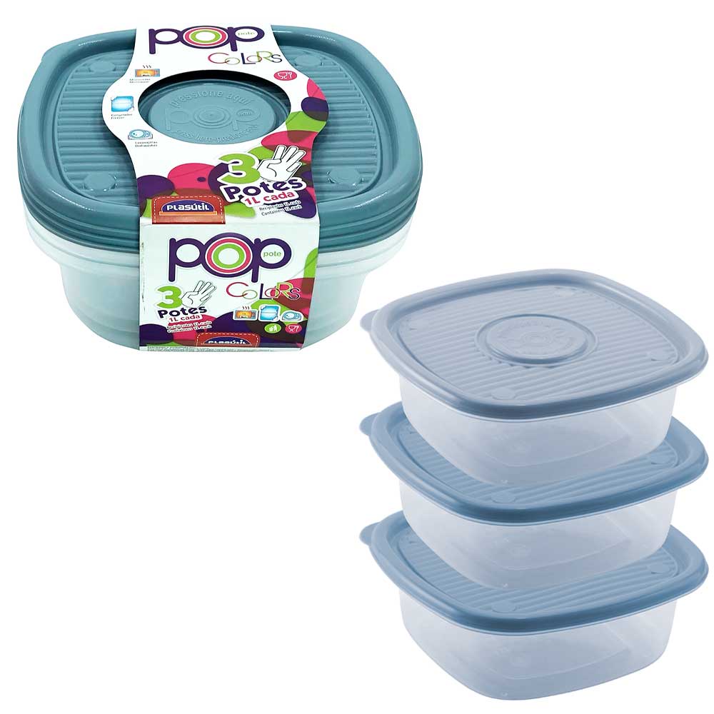 Jogo com 3 potes plástico azul de 1 Litro para mantimentos alimentos comida freezer geladeira microondas marmita vasilha tapoer tapuer tapauer Plasútil