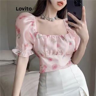 Lovito Blusa Boho com Estampa Floral e Mangas Bufantes Plissadas para Mulheres LNE16157 (Multi-Cor)