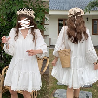 Lovito Vestido Casual De Renda Com Costura Em Tecido Liso Para Mulheres LNA36041 (Branco)