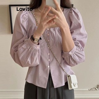 Lovito Blusa Casual Plissada Frontal Com Botão Liso Para Mulheres LNE37095 (Roxo)