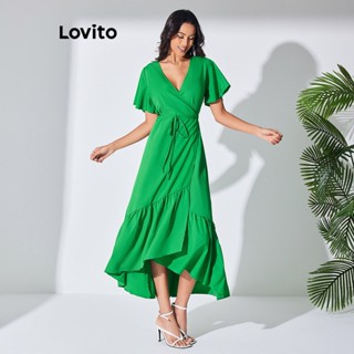 Lovito Vestido Boho Liso Assimétrico Com Babado Com Cinto Para Mulheres LBL07162