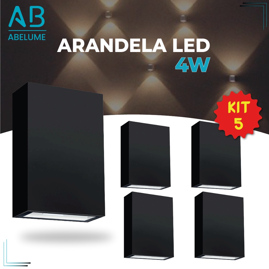 Kit 5 Arandela LED 4W Slim 2 Focos de Vidro + Luz Embutida - Modelo Europeu Moderno Interno e Externo Paredes e Muros em Oferta na Shopee