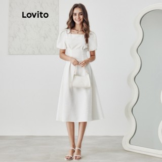 Lovito Casual Vestido Simples De Mangas Bufantes Decote Quadrado Elegante Para Mulheres L47AD035 (Branco)