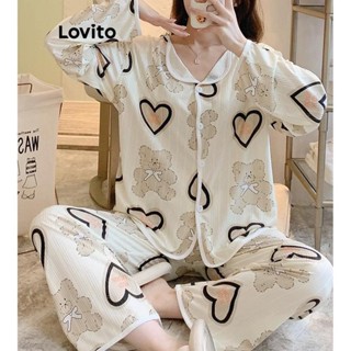 Lovito Conjuntos De Pijama Feminino Casual Com Botão Frontal Contrastante LNE40297